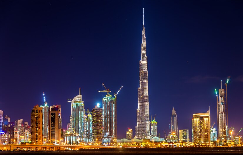 Dubai nightview downtown with burj Khalifa